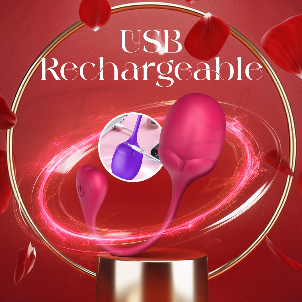 Pink Kegel egg displayed with USB charging cable emphasizing easy rechargeable design