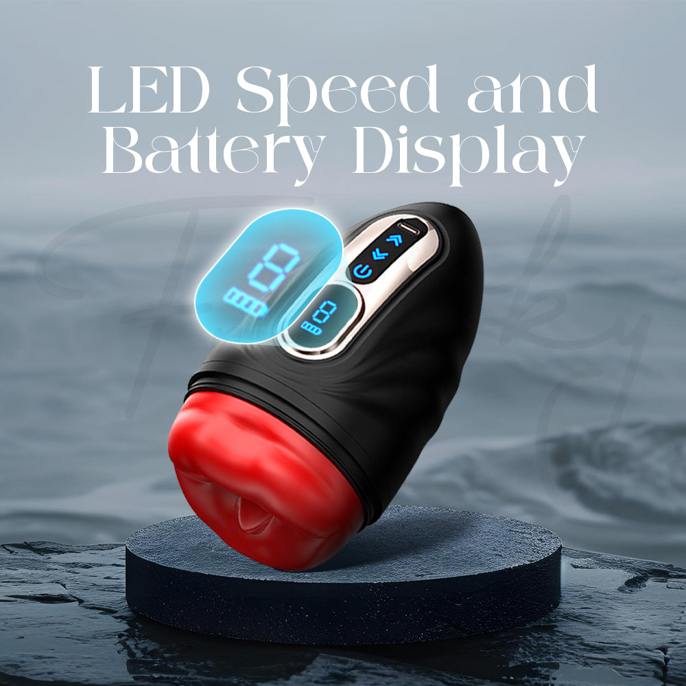 Close-up of the vibrator’s digital LED screen showing speed and battery details next to a red sleeve.