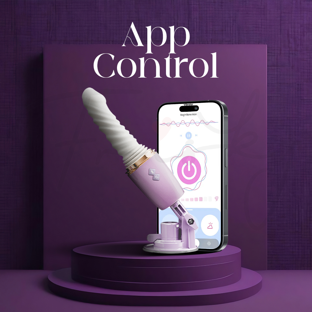 Thrusting vibrator shown with smartphone app demonstrating wireless control features
