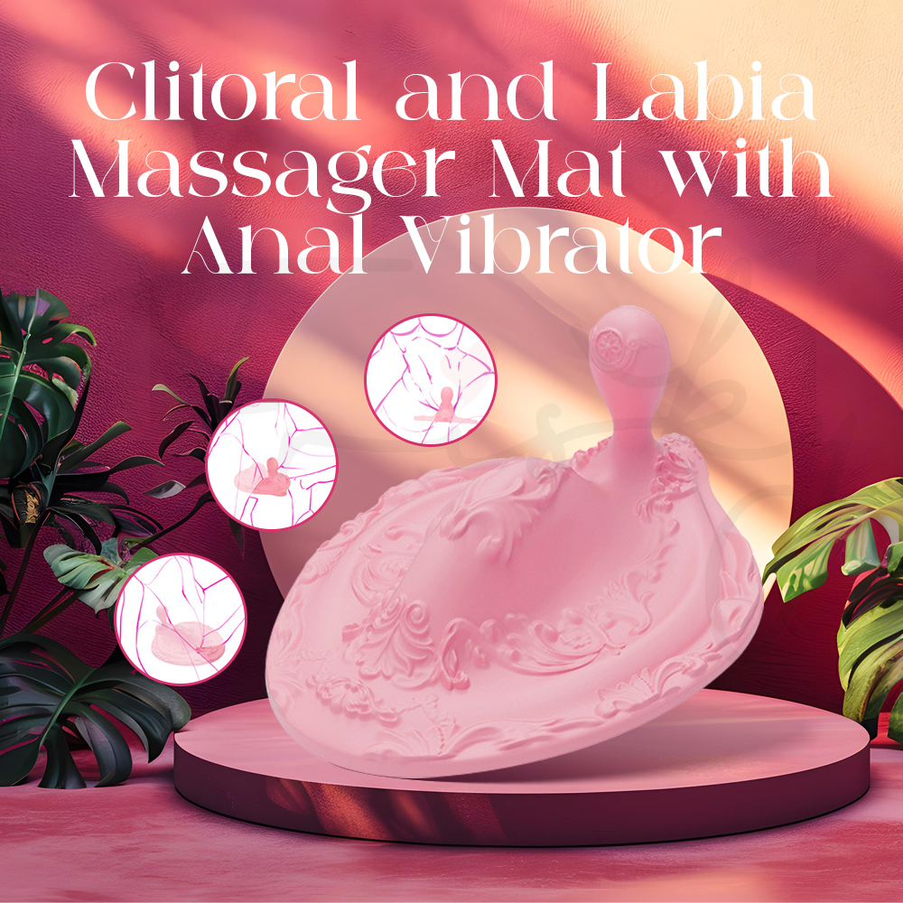 Pink mat highlighting dual stimulation with clitoral, labia, and anal pleasure.