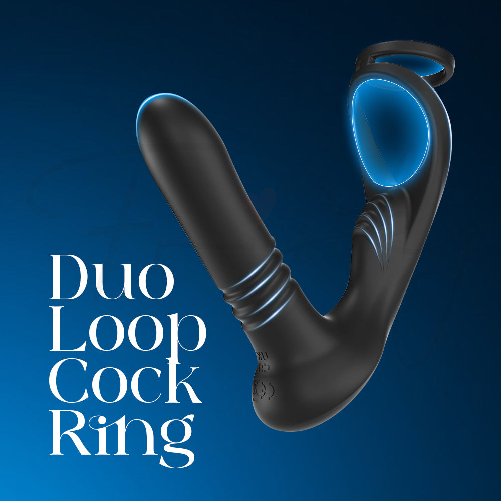 Close-up showing duo loop cock ring for enhanced endurance and support.