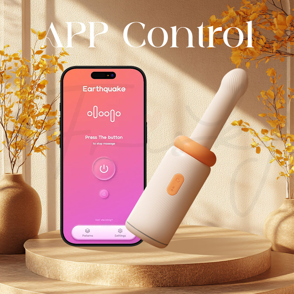 Vibrator beside smartphone screen showing remote control interface for app connectivity.