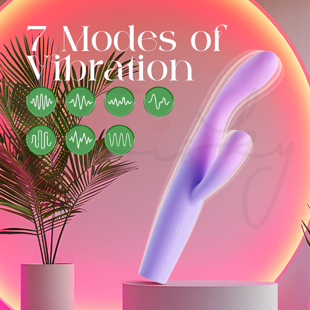 Purple Power Bloom vibrator floating against a sunset background with green icons representing 7 different vibration rhythms and intensities.