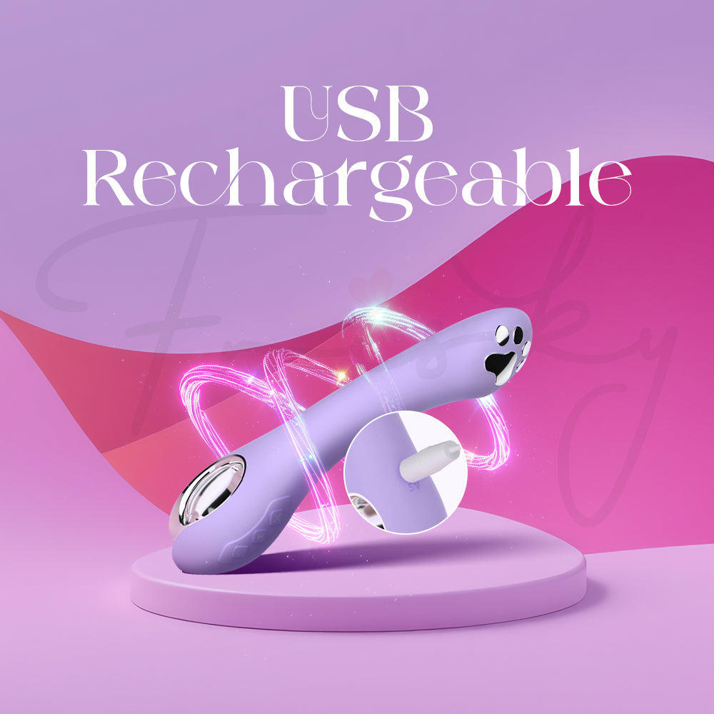 USB rechargeable icon with Purr Volt and charging cable illustration.