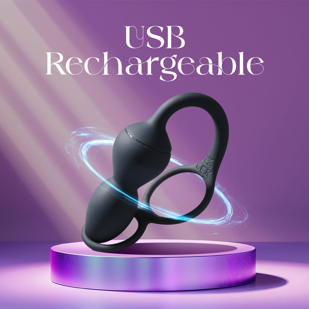 USB rechargeable anal beads shown with charging feature graphic on modern purple background
