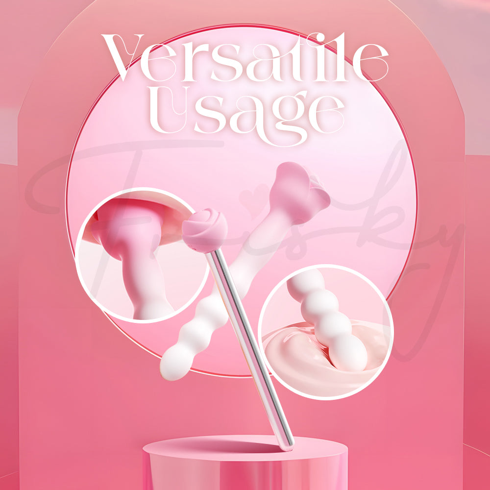 Rosy Arc displayed upright showing detachable orgasm pen for versatile pleasure use.