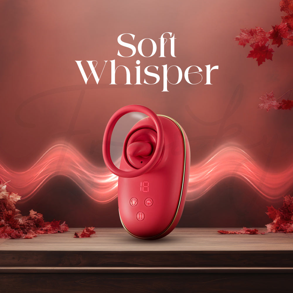 Scarlet Kiss vibrator highlighting whisper-quiet operation with soft wave visual effects background