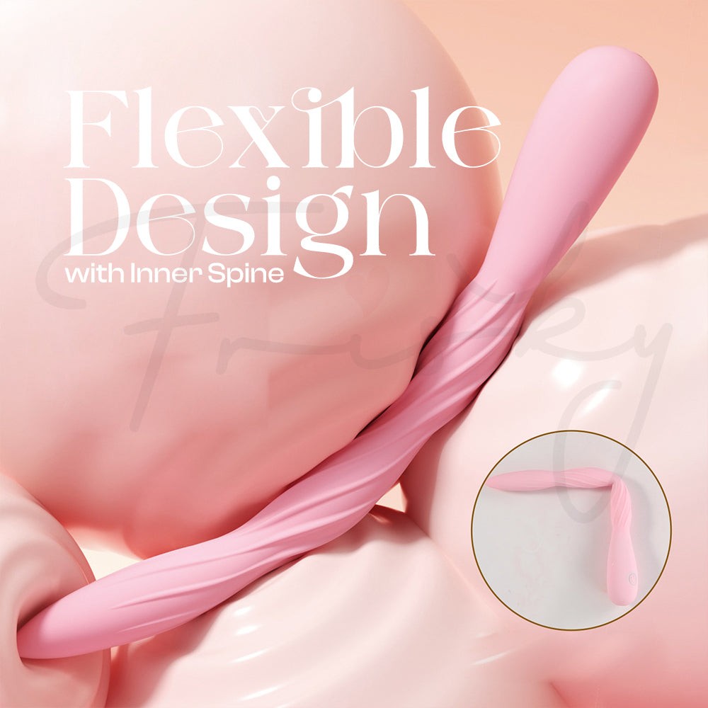 Close-up of soft pink flexible vibrator demonstrating ergonomic bendable shape.