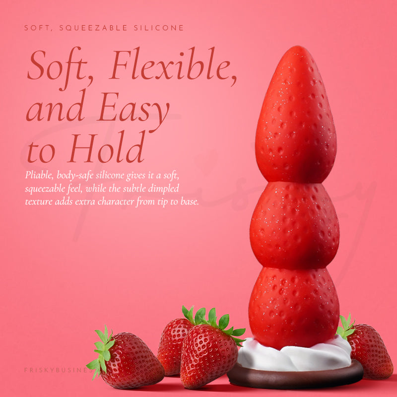 Soft, Flexible, and Easy to Hold graphic with the plug beside fresh strawberries on pink