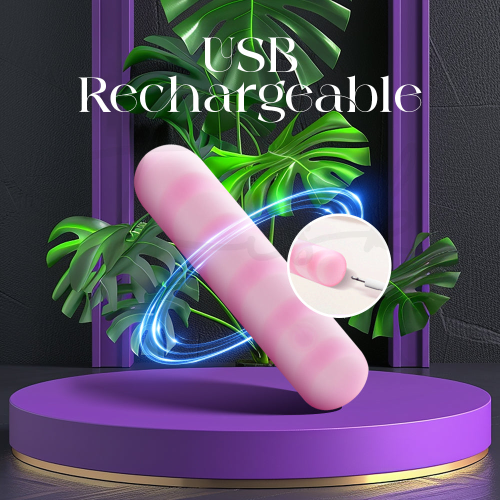 Pink striped vibrator positioned on a purple stand emphasizing its USB rechargeable feature