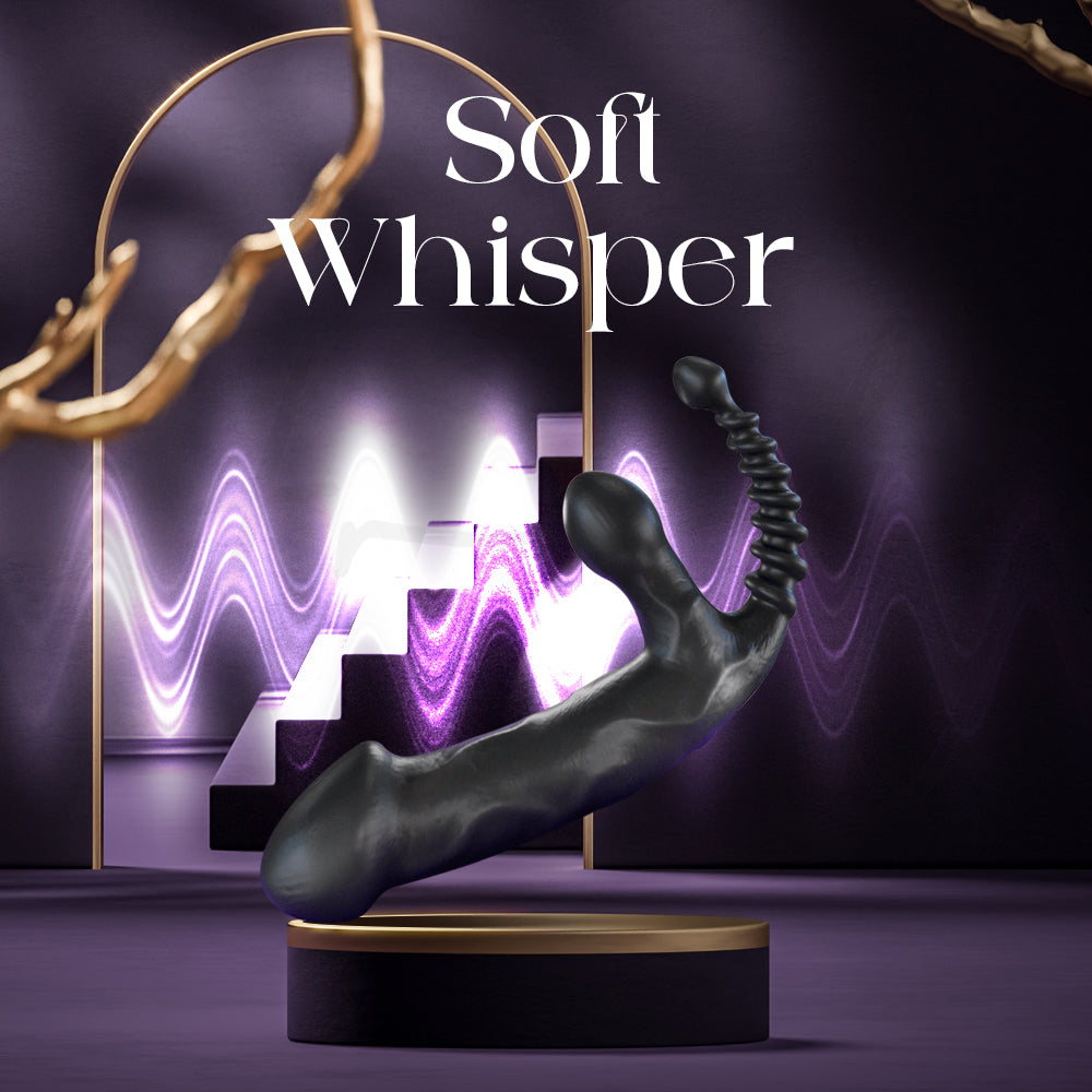 Black massager shown with soundwave graphic representing quiet and discreet operation