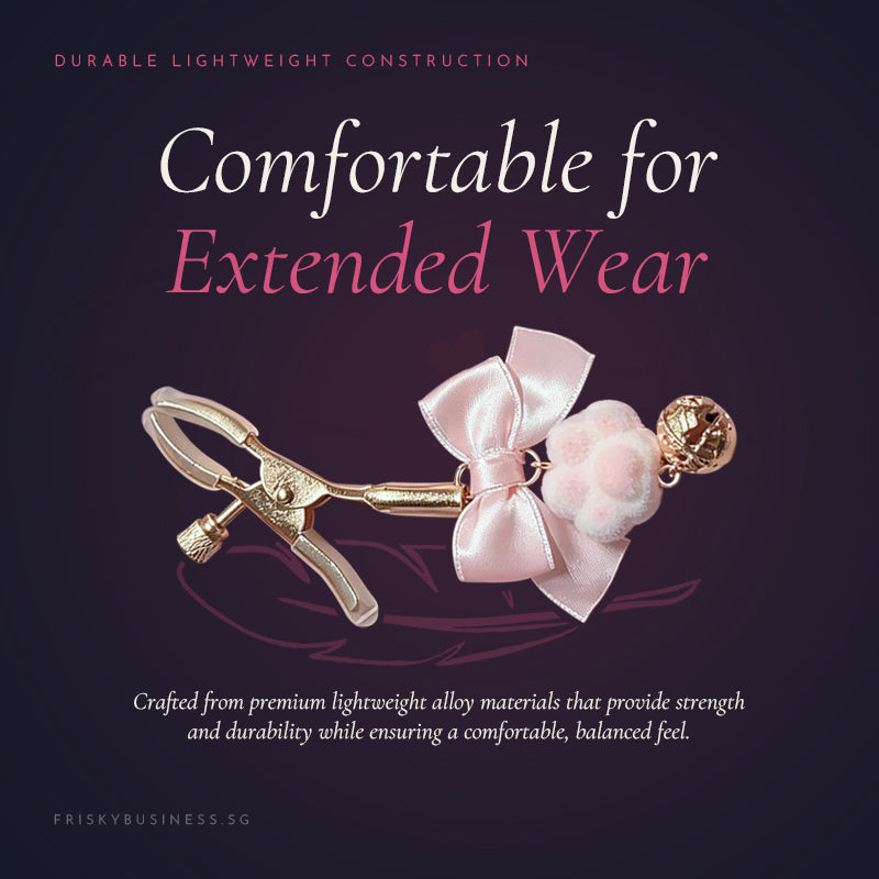 Product with pink bow and gold clasp on a dark background, featuring text about durability and comfort.