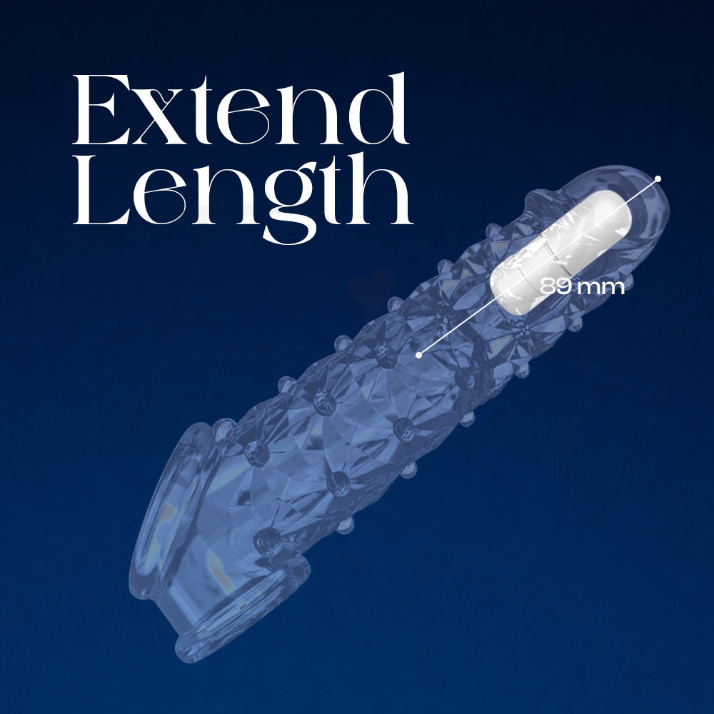 Clear extender sleeve displayed on deep blue background with Extend Length text.