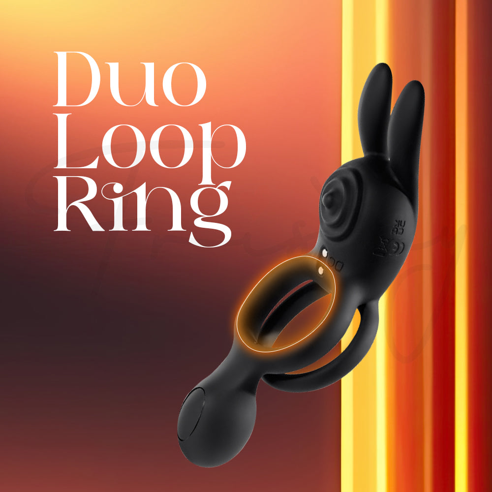 Close-up duo loop ring detail on warm gradient backdrop emphasizing fit.