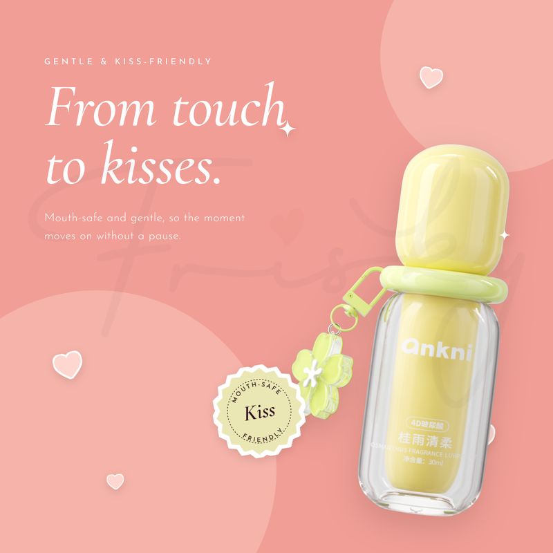 From touch to kisses graphic with the yellow lubricant bottle and flower charm on pink