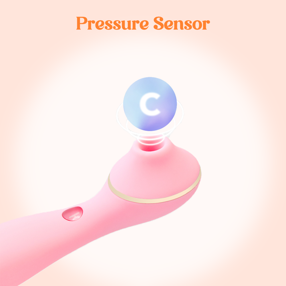 Pink handheld device with a pressure sensor on a gradient background