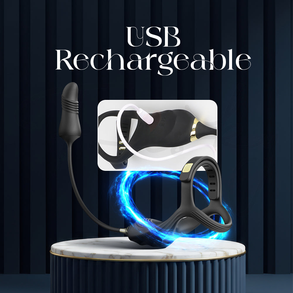 Alpha Ring prostate massager illustrating convenient USB rechargeable charging capability.