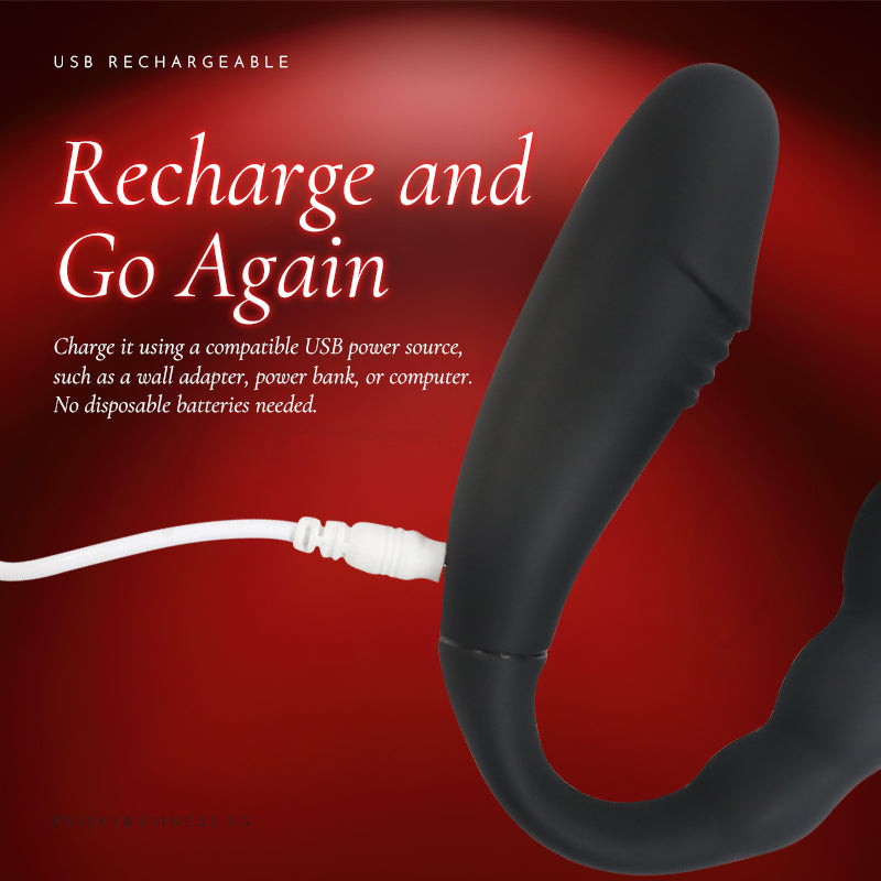 Recharge and Go Again graphic showing the black vibrator connected to a white charging cable