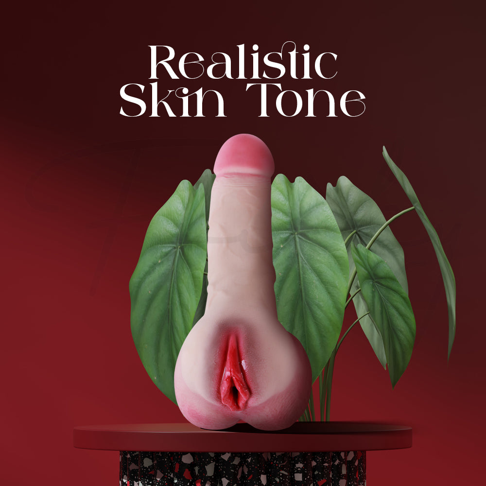 Artistic representation of a plant with a realistic skin tone on a red background