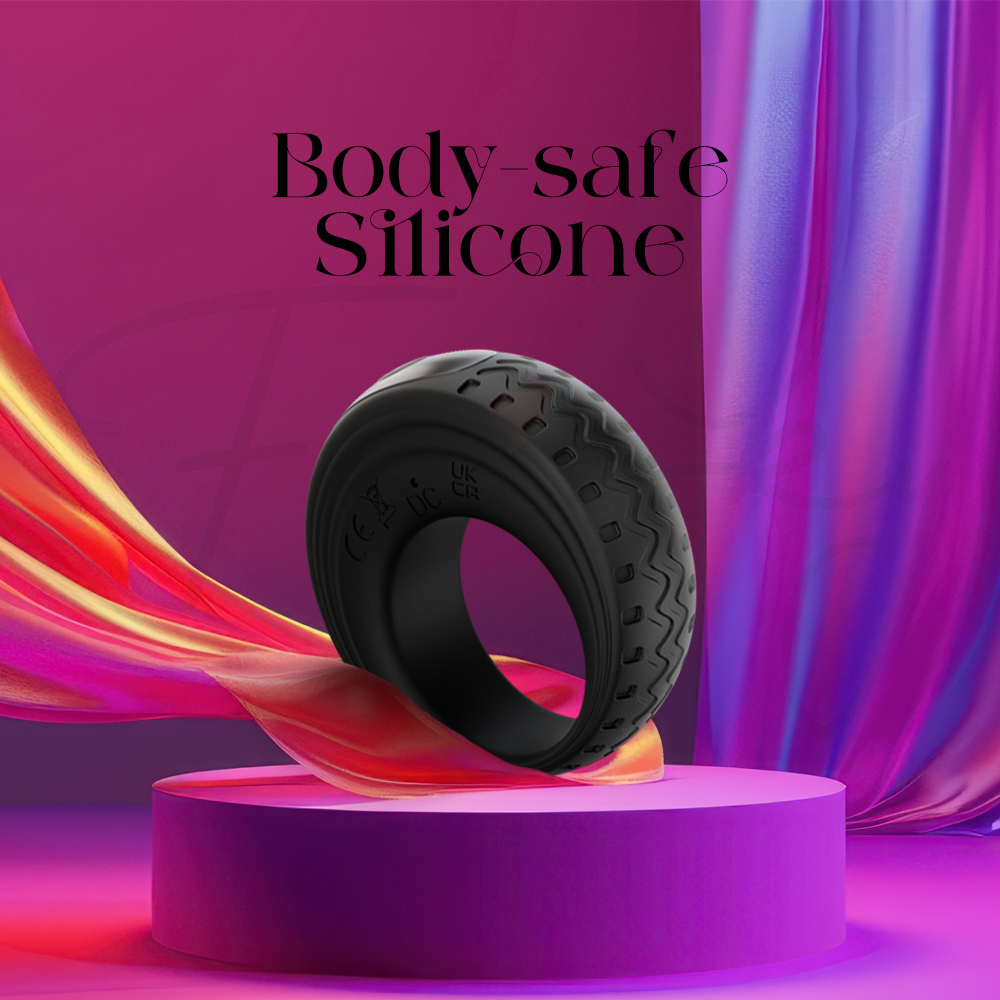 Soft black silicone vibrating ring highlighting body-safe material and flexible design