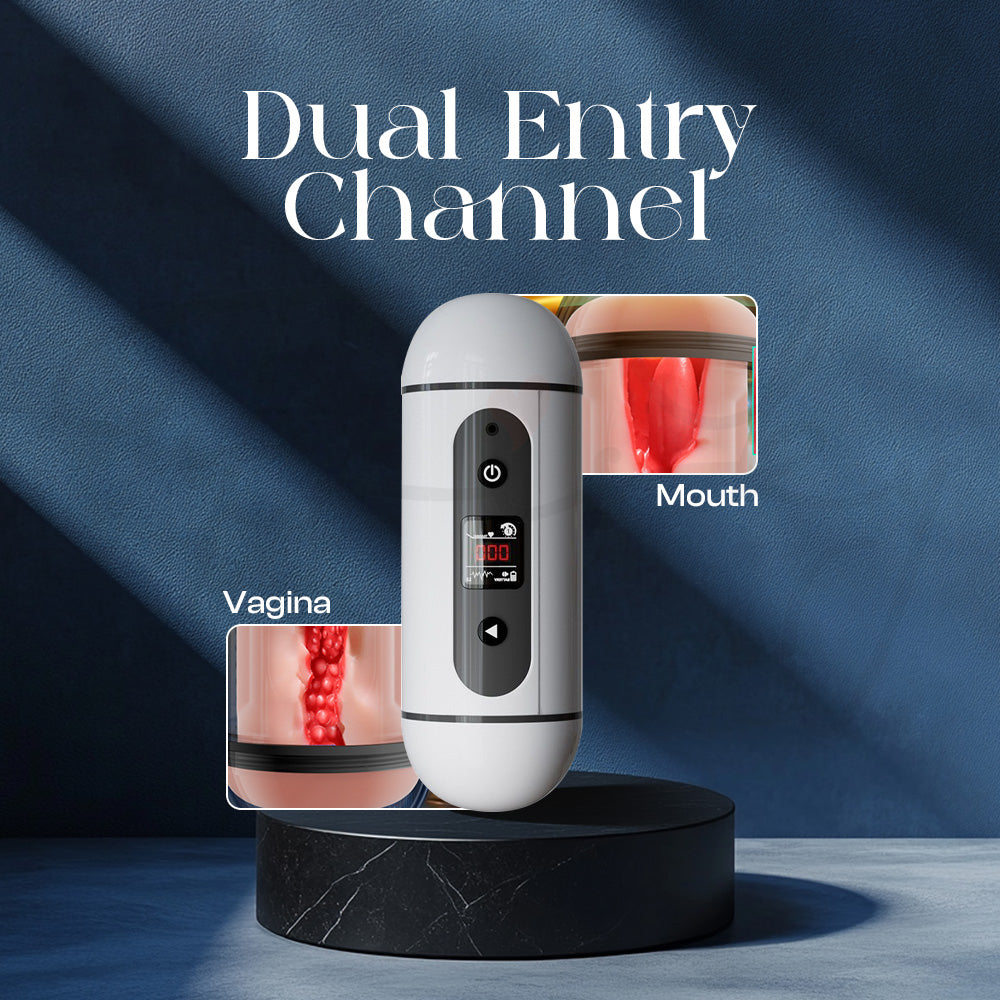 Elite Sync masturbator shown open to reveal dual-texture internal chamber design
