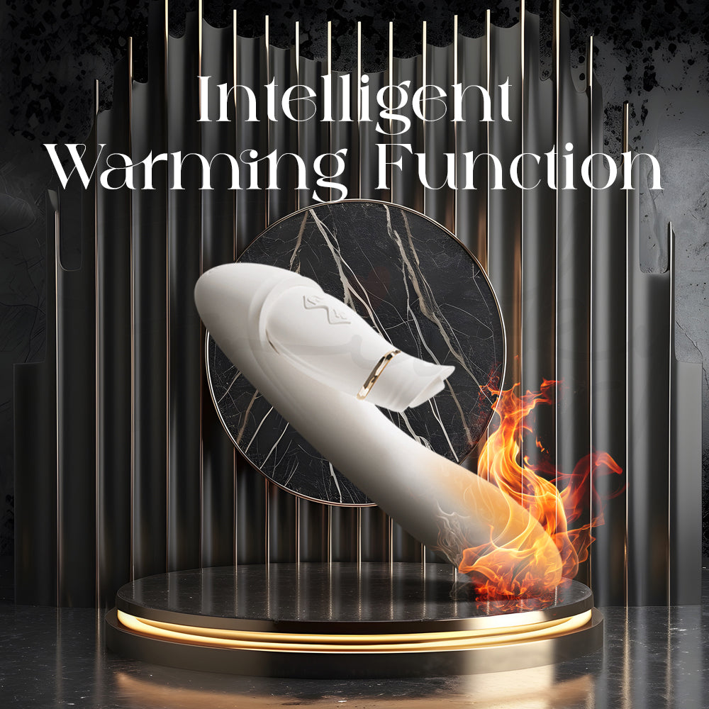 White curved massager illustrating warming function with glowing heat effect.