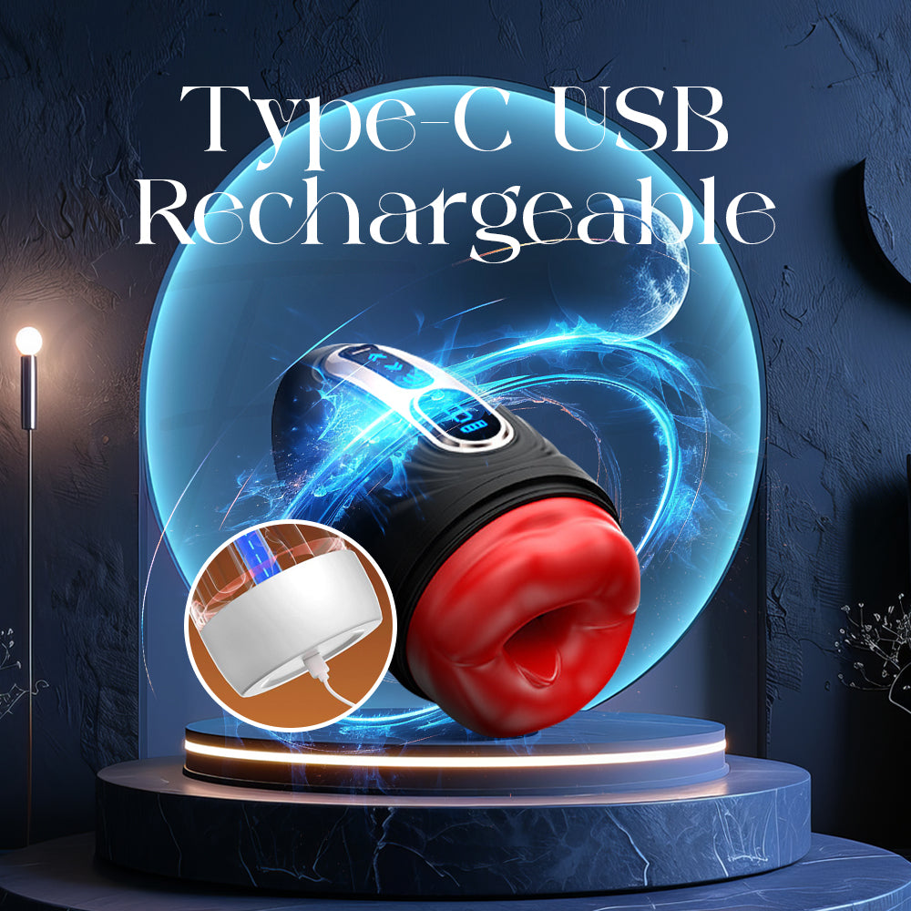 Red internal sleeve and black vibrator shown beside a Type-C charging cable on a blue background.