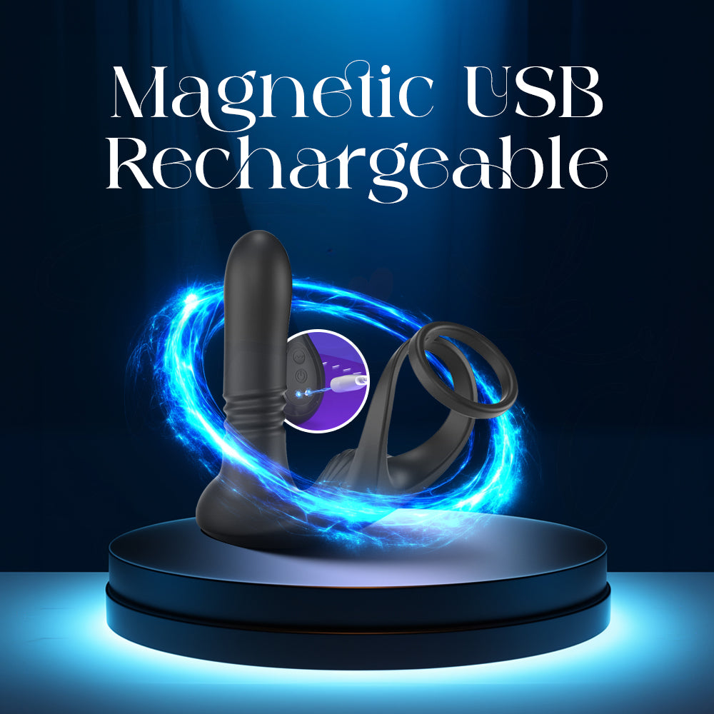 Nex Axis demonstrating magnetic USB recharge with charger and cable icons.