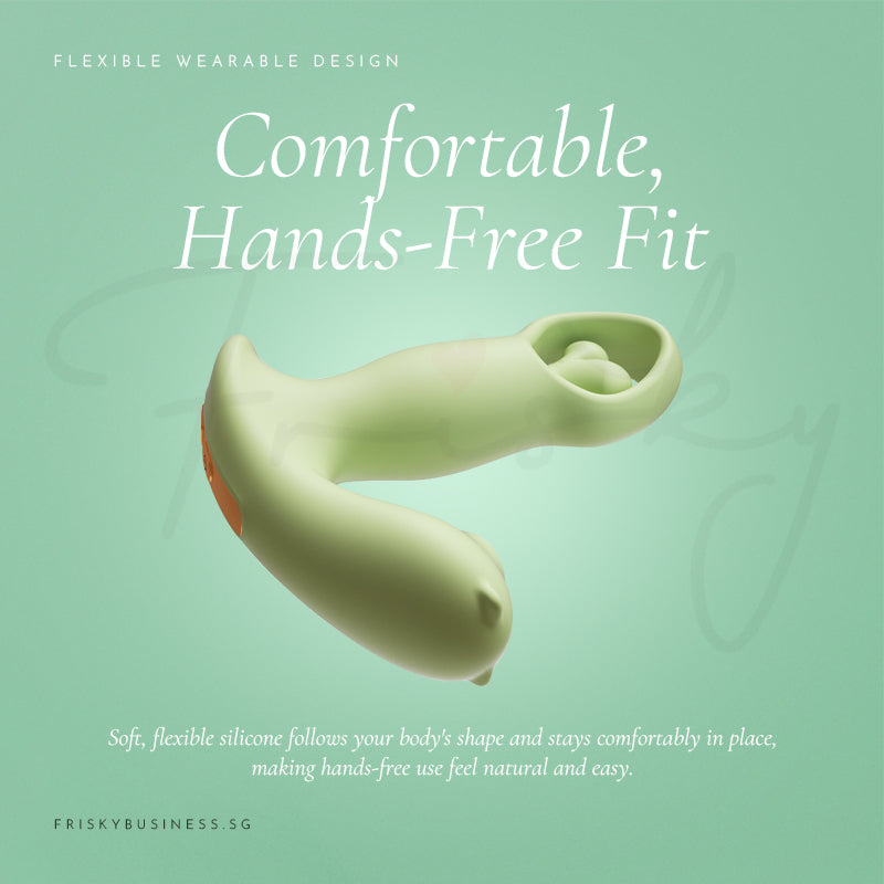 Comfortable, Hands-Free Fit graphic with the sage green vibrator angled on a mint background