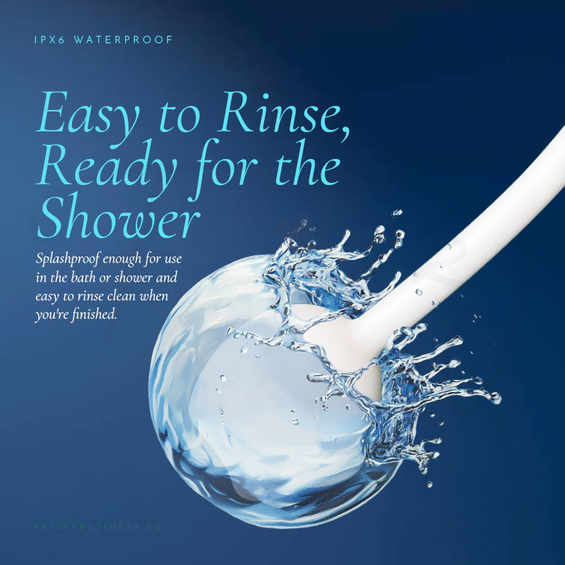 Easy to Rinse, Ready for the Shower graphic with the vibrator in splashing water