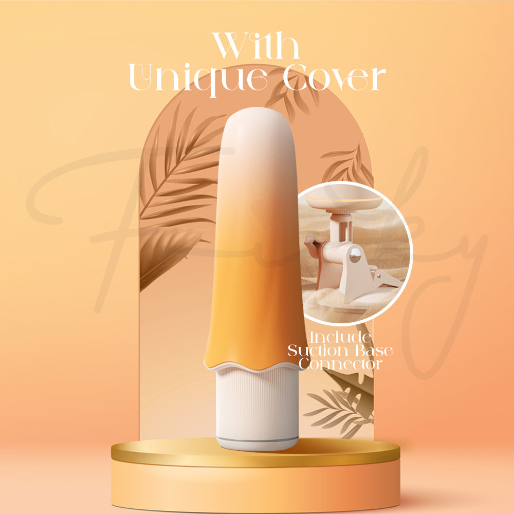 Vibrator with removable mushroom cap displayed on wooden platform in warm decorative setting.
