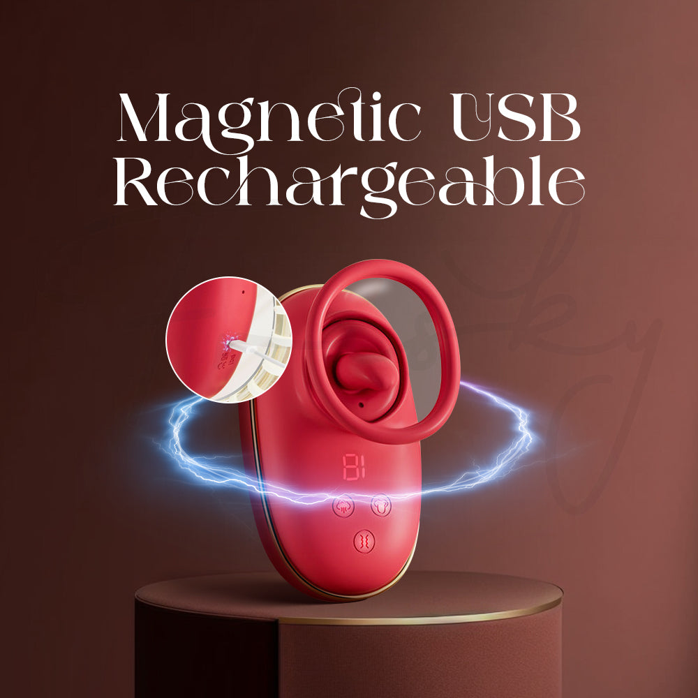 Scarlet Kiss pleasure device demonstrating magnetic USB rechargeable feature with glowing energy effect
