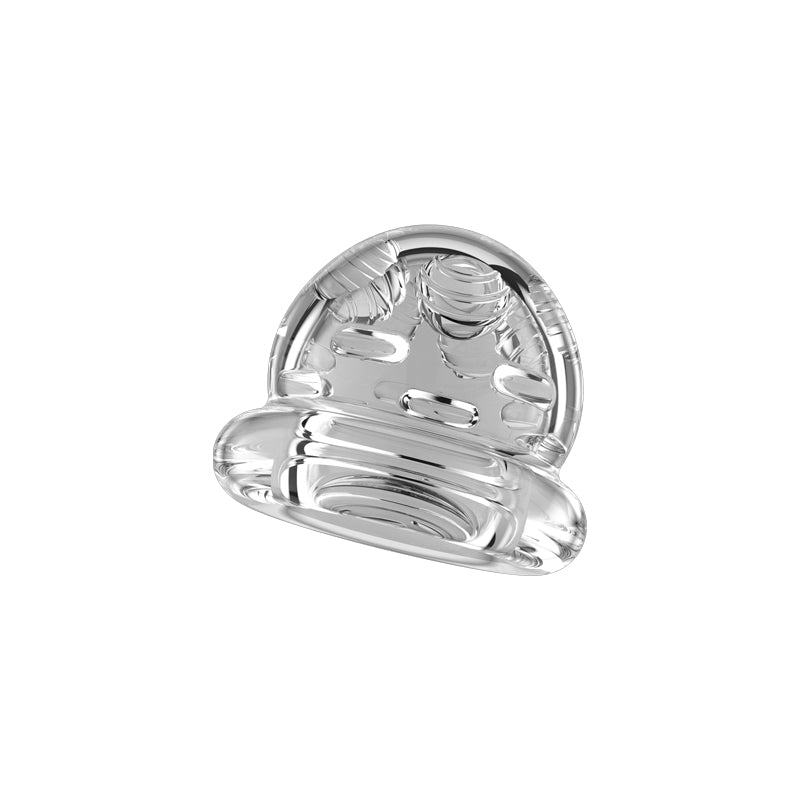 Clear translucent dome-shaped mini stroker with ribbed ridges and a flared base on white
