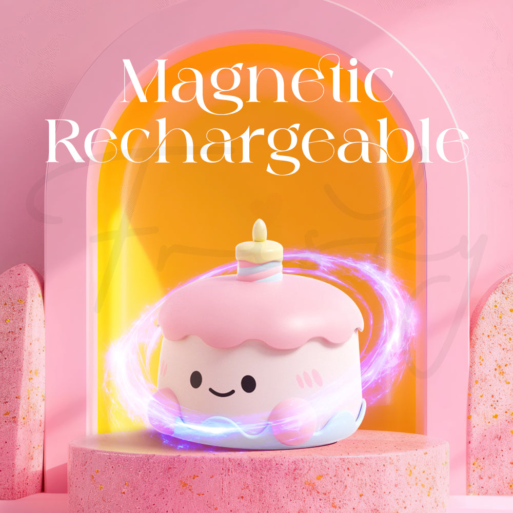 Pink device glowing with light effects indicating magnetic charging feature