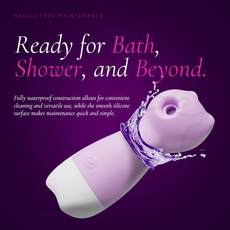 Purple and white device with water splashing, on a purple background with text about waterproof construction.