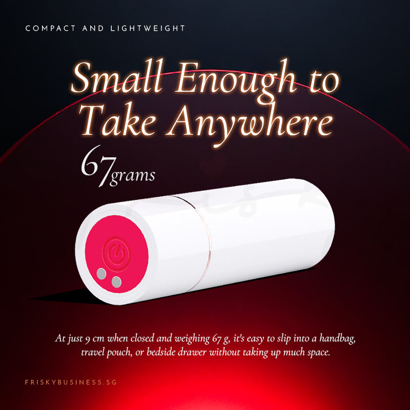 Small Enough to Take Anywhere graphic showing the compact white vibrator with a pink button