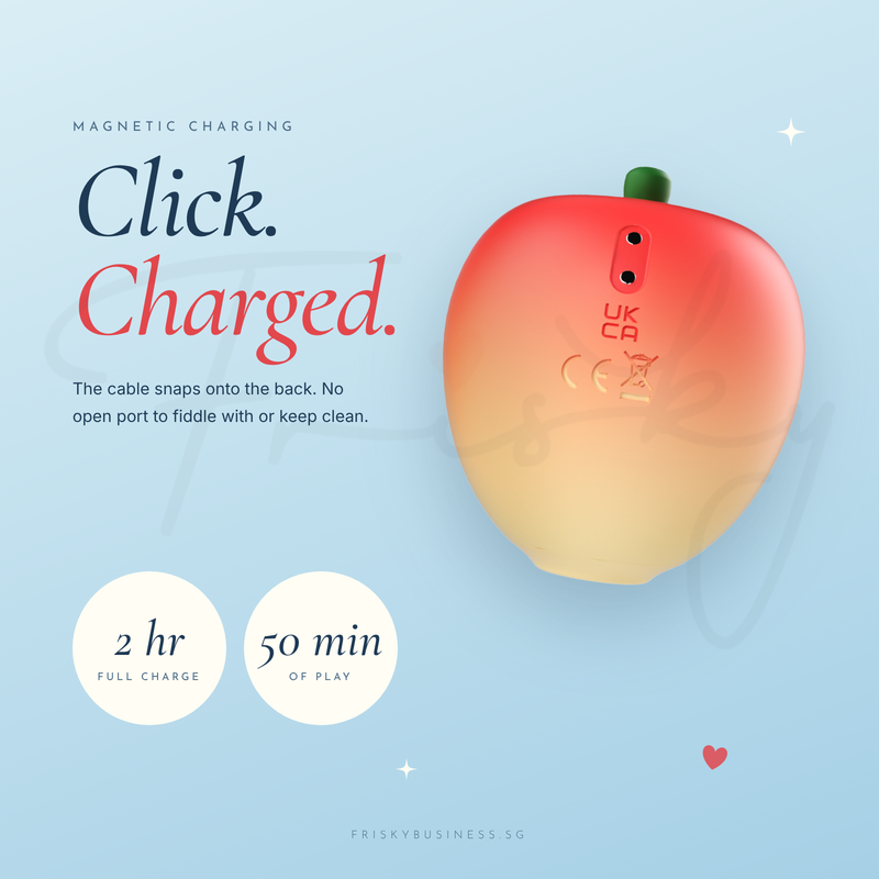 Click, Charged graphic with the apple massager and charging time icons on a blue background