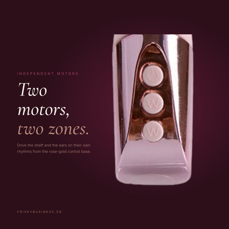 A close-up of a metallic rose-gold and pale pink cosmetic or beauty device with three circular control buttons, shown on a dark burgundy background with marketing text on the left.