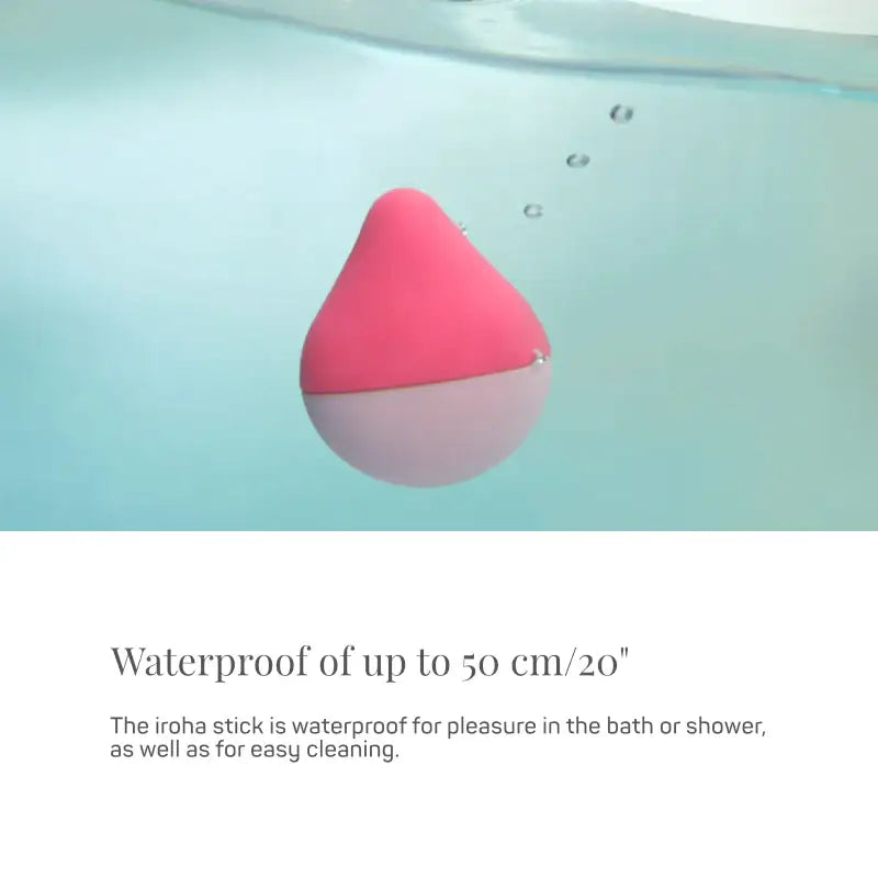 Pink silicone product submerged in water with text about waterproof capabilities.
