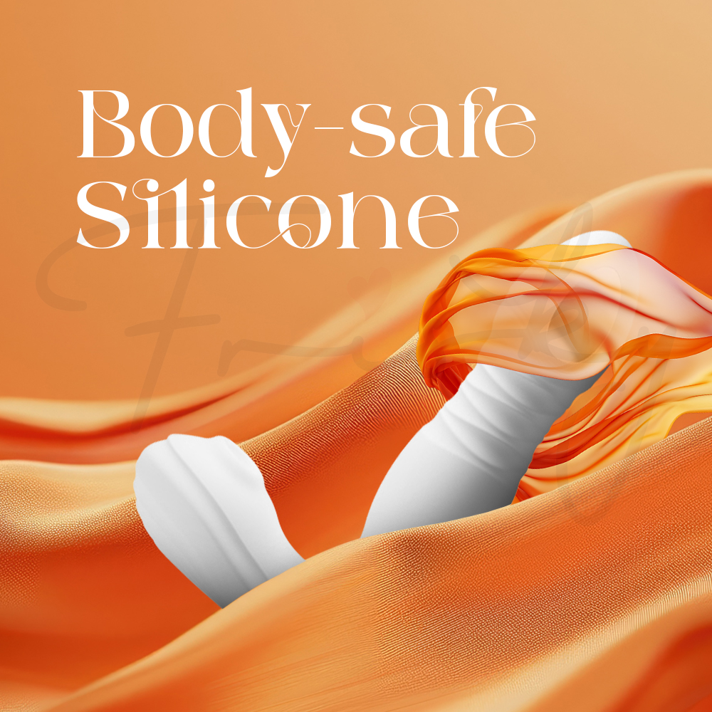 The device partially draped in flowing orange fabric to emphasize its body-safe silicone material.