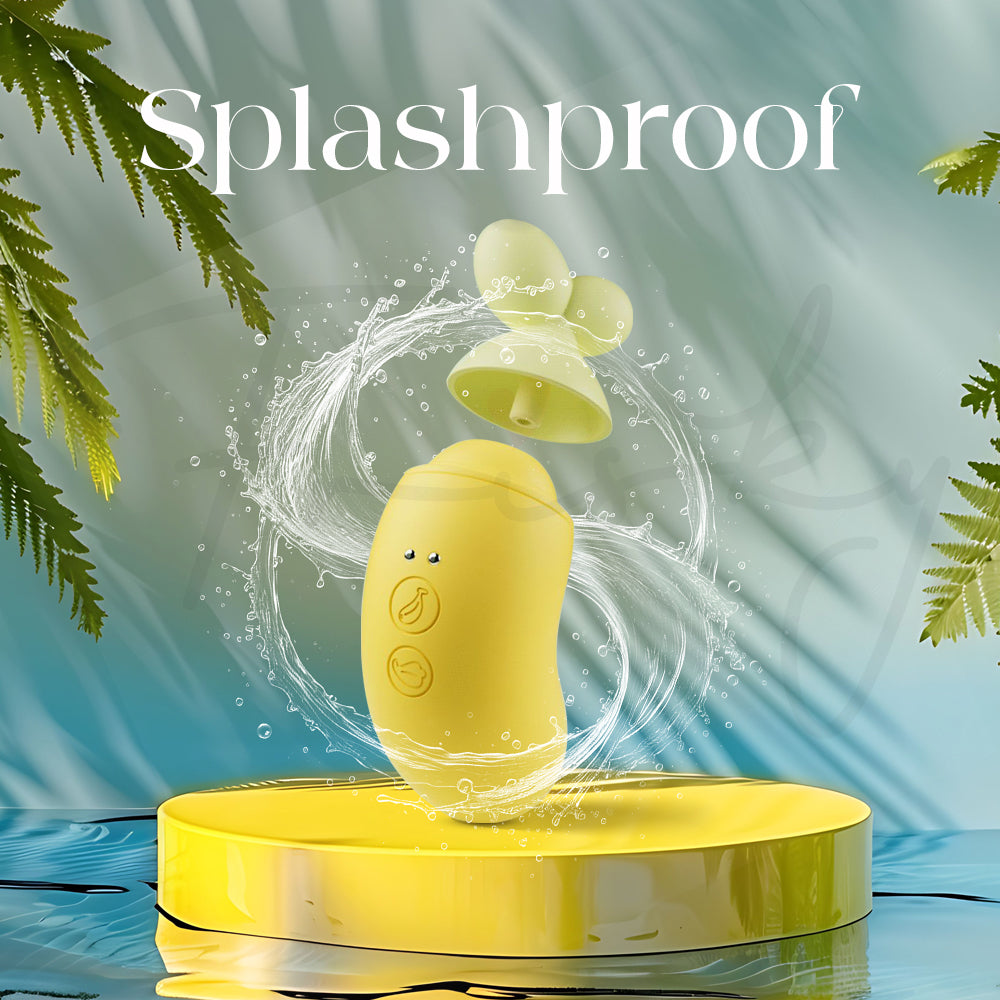 BanaRush vibrator shown splashing with water, emphasizing its splashproof design and easy cleaning.