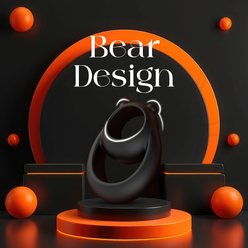 Bear inspired silicone cock ring displayed on stylish modern podium