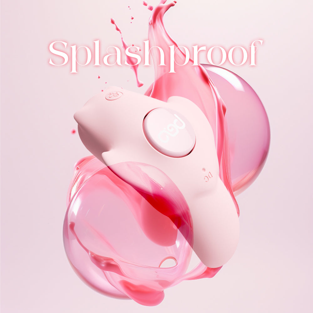 Water-themed image of pink vibrator emphasizing its splashproof construction