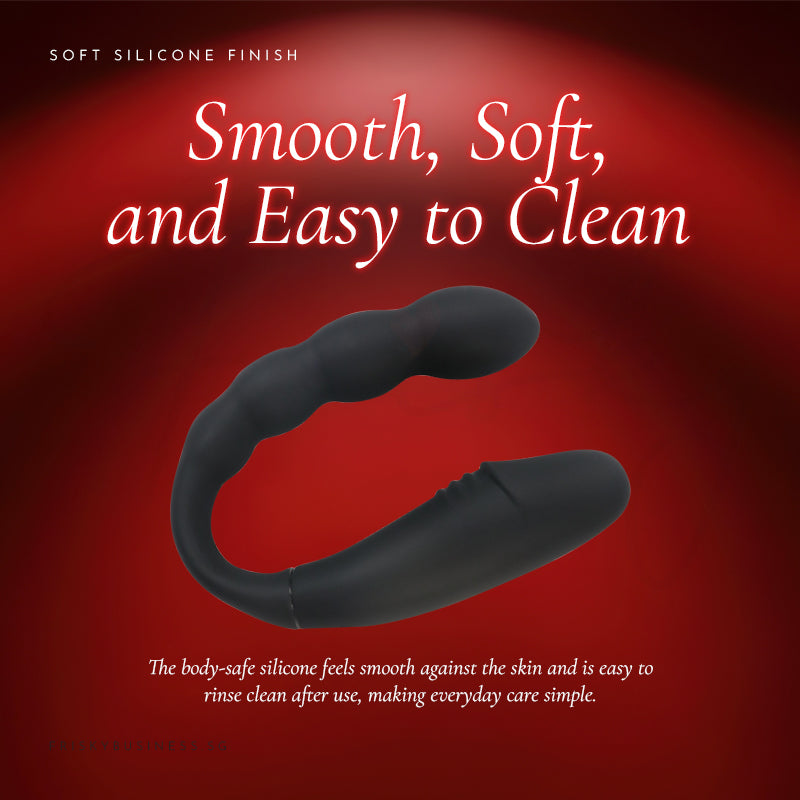 Smooth, Soft, and Easy to Clean graphic with the black vibrator on a red background