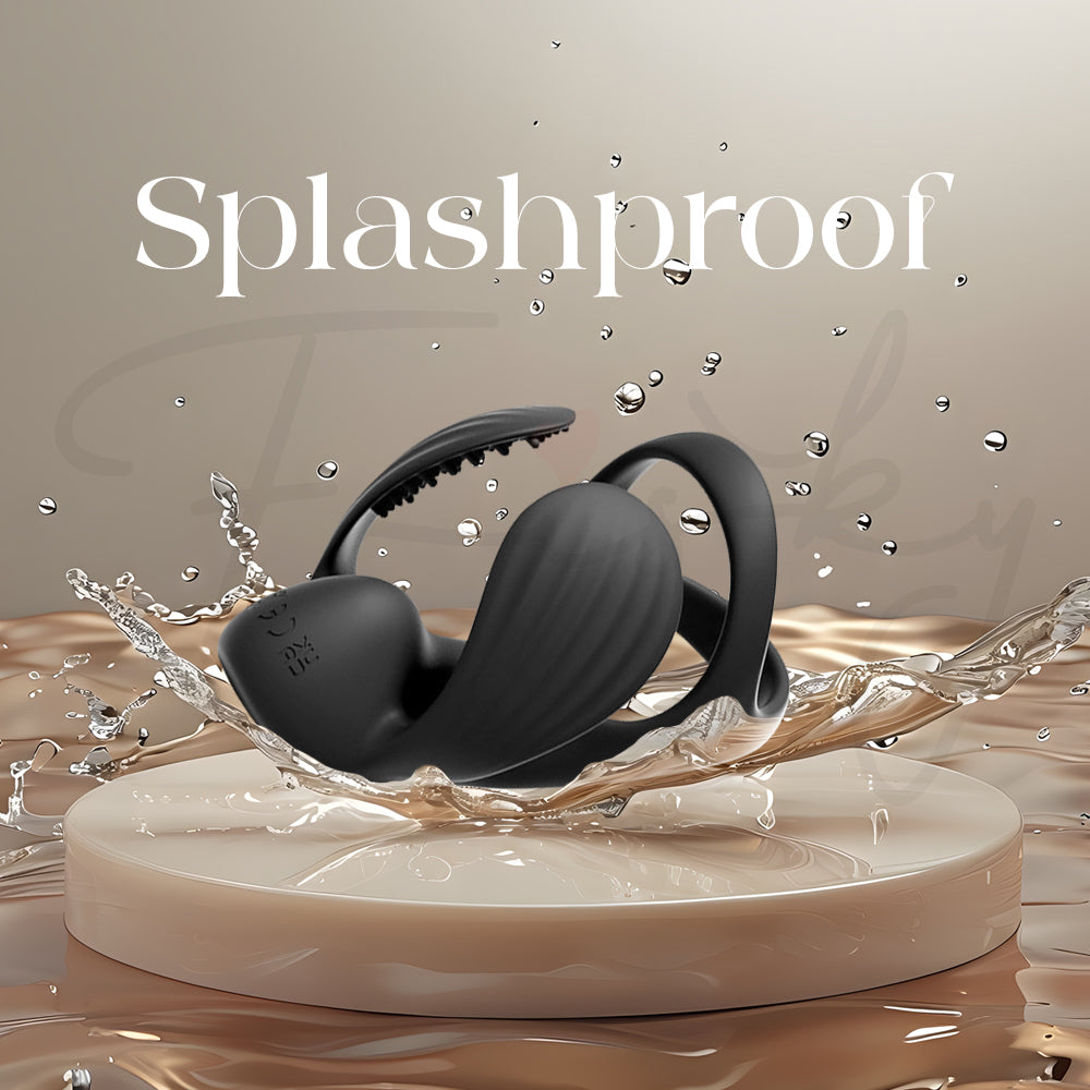 Draven waterproof and splashproof vibrating cock ring shown with water droplets