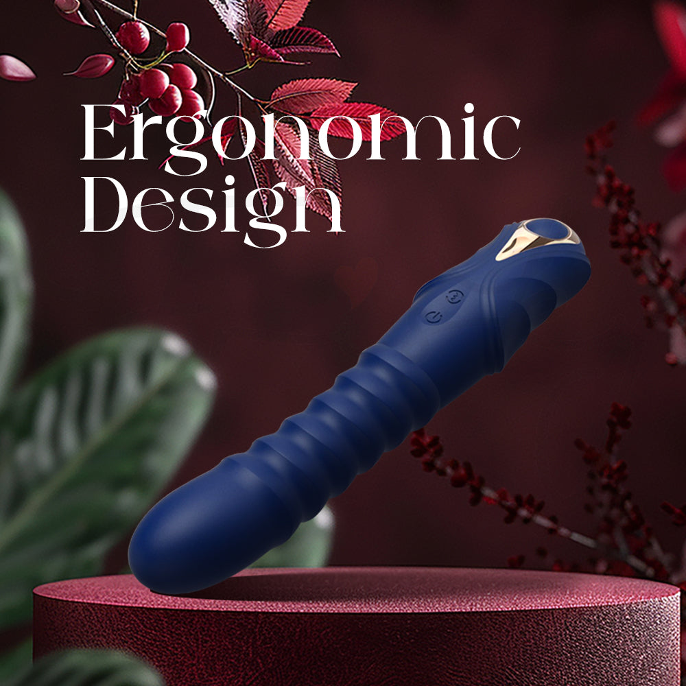 Angled view of Indigo Motion showing ergonomic shape and textured grip for comfort and control.