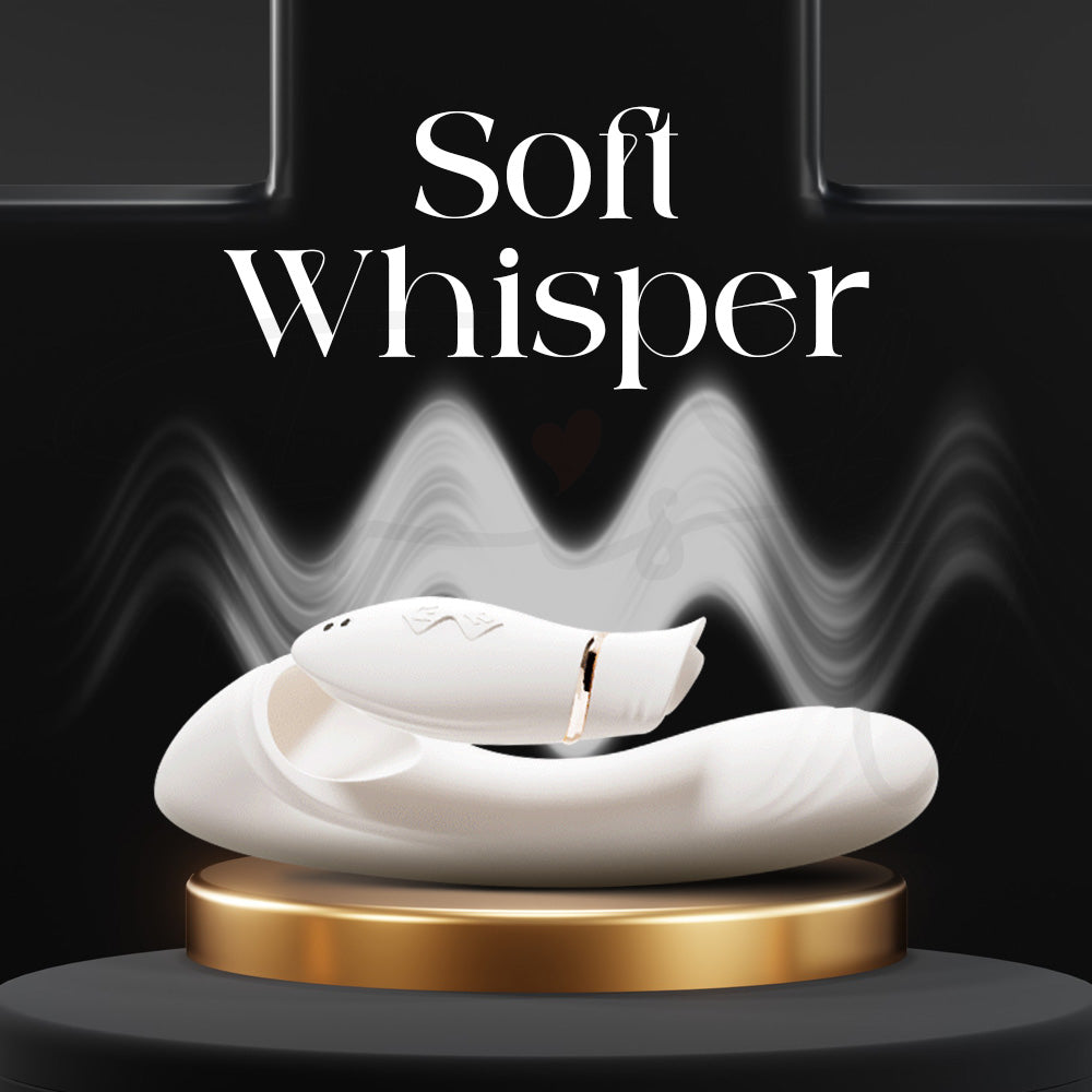 White personal massager on podium emphasizing quiet whisper operation feature.