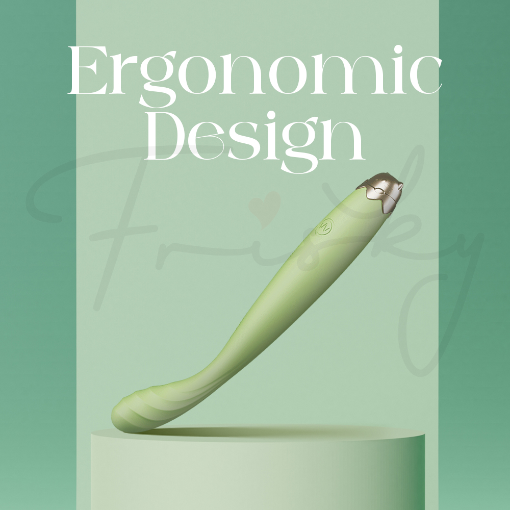 Numi vibrator displayed at an angle with text showcasing its ergonomic curved design.