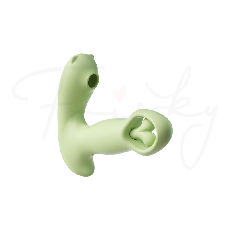 Sage green wearable vibrator in side view on a plain white background