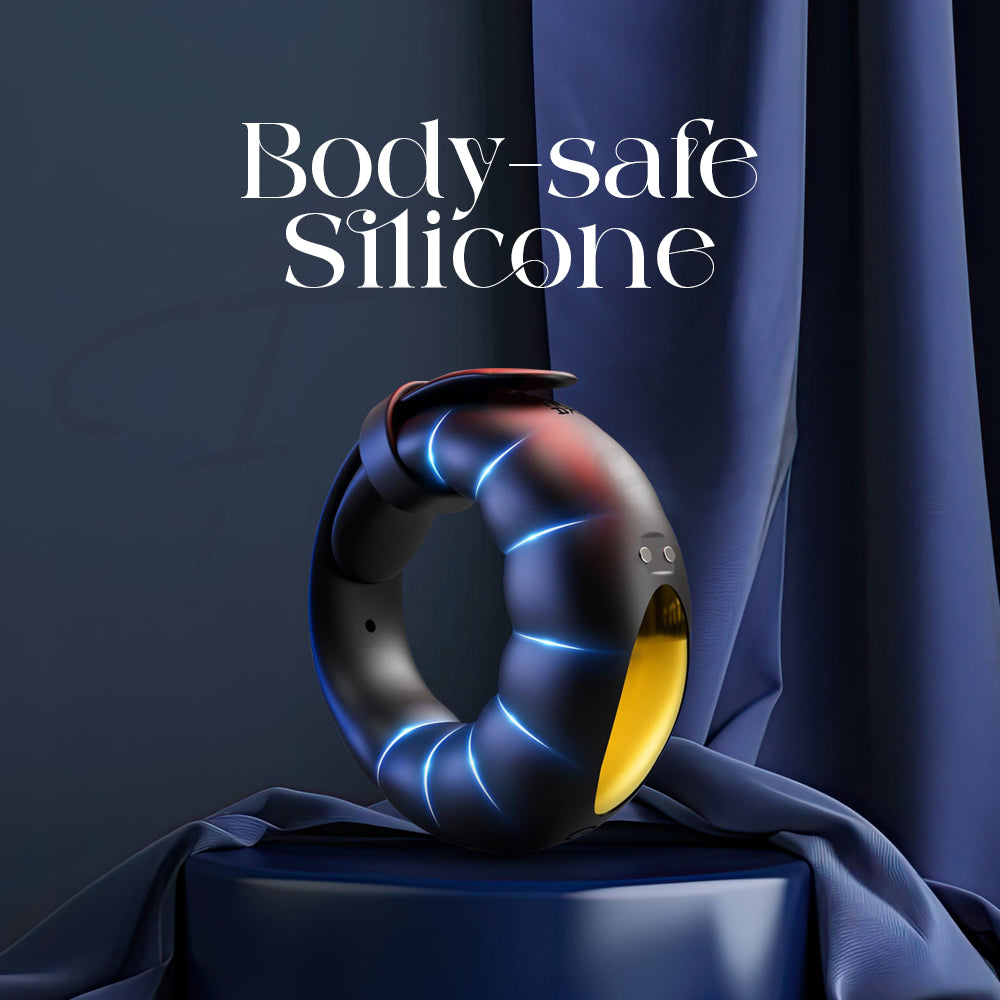Shared Vibe ring posed on fabric surface emphasizing its smooth, body-safe silicone materia